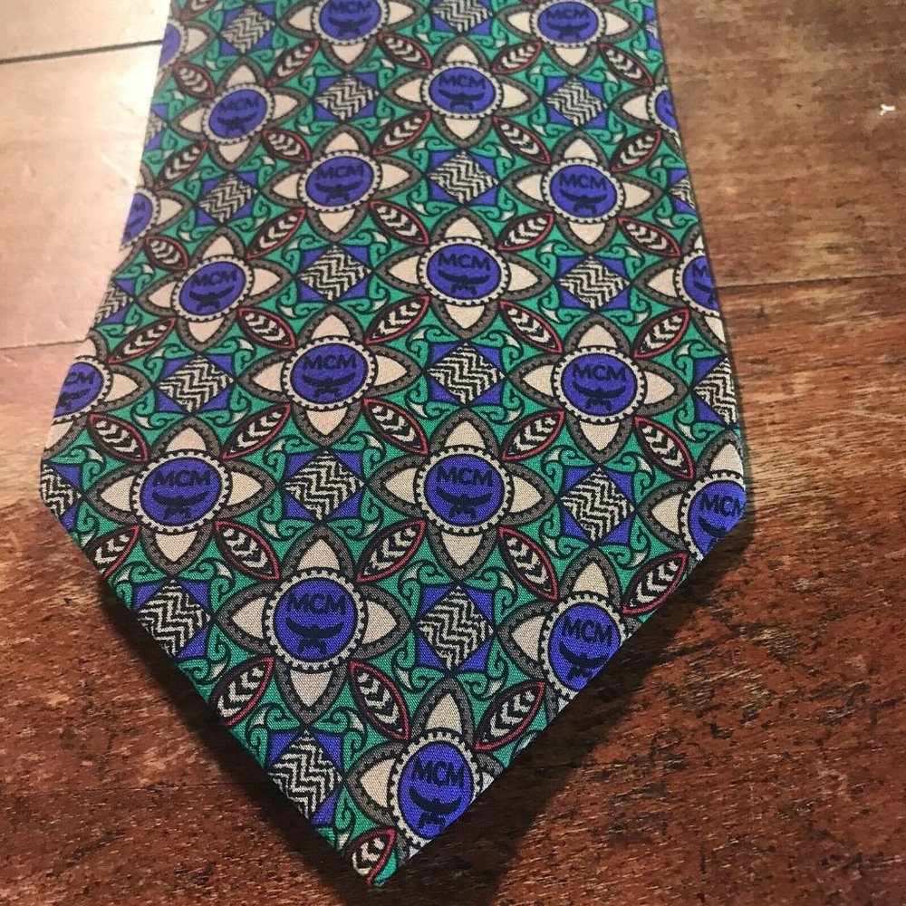 MCM Logo Mens Tie 100% Silk Purple Green Red Brown Floral
